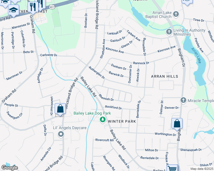 map of restaurants, bars, coffee shops, grocery stores, and more near 6143 Remish Drive in Fayetteville