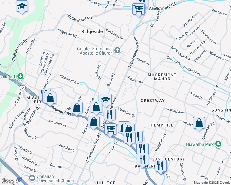 map of restaurants, bars, coffee shops, grocery stores, and more near 225 North Germantown Road in Chattanooga