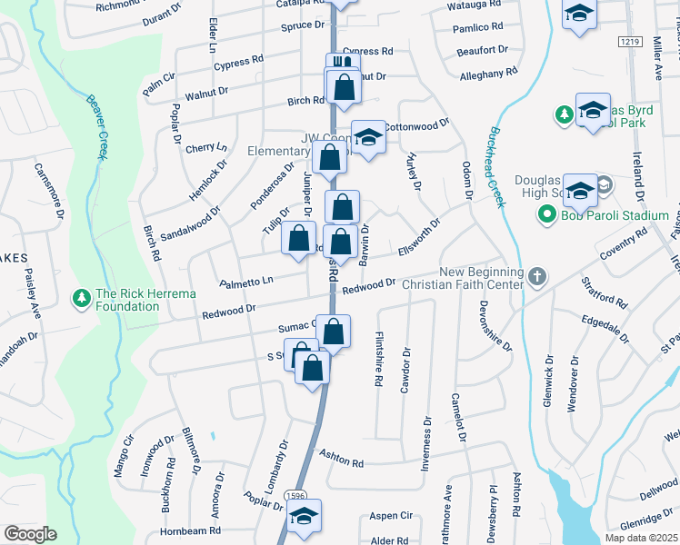 map of restaurants, bars, coffee shops, grocery stores, and more near 1111 Hope Mills Road in Fayetteville