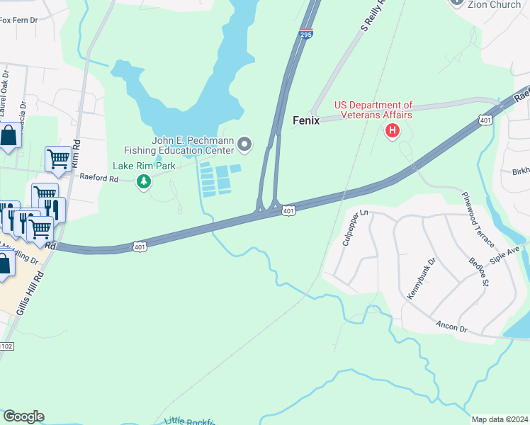 map of restaurants, bars, coffee shops, grocery stores, and more near South Raeford Road in Fayetteville