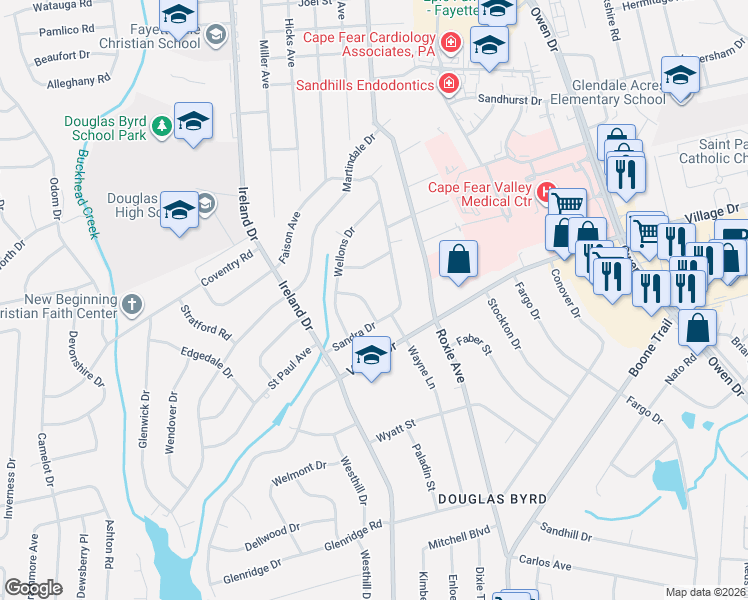 map of restaurants, bars, coffee shops, grocery stores, and more near 3706-3710 Sandra Drive in Fayetteville