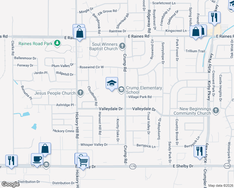 map of restaurants, bars, coffee shops, grocery stores, and more near 4405 Crump Road in Memphis
