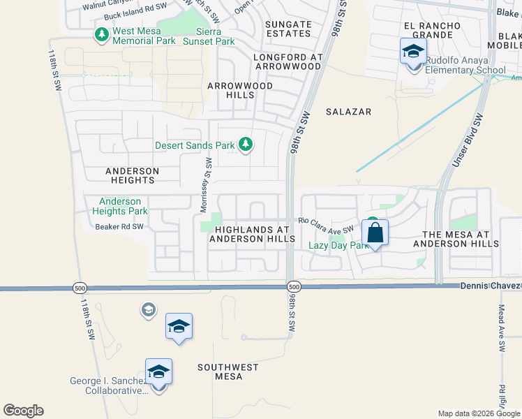 map of restaurants, bars, coffee shops, grocery stores, and more near 3132 Rio Plata Drive Southwest in Albuquerque