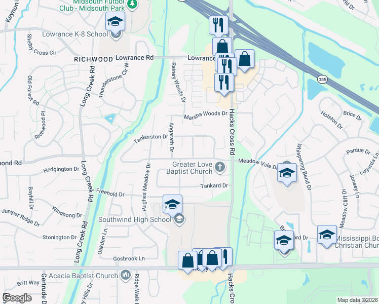 map of restaurants, bars, coffee shops, grocery stores, and more near 7933 Meadow Vale Drive in Memphis
