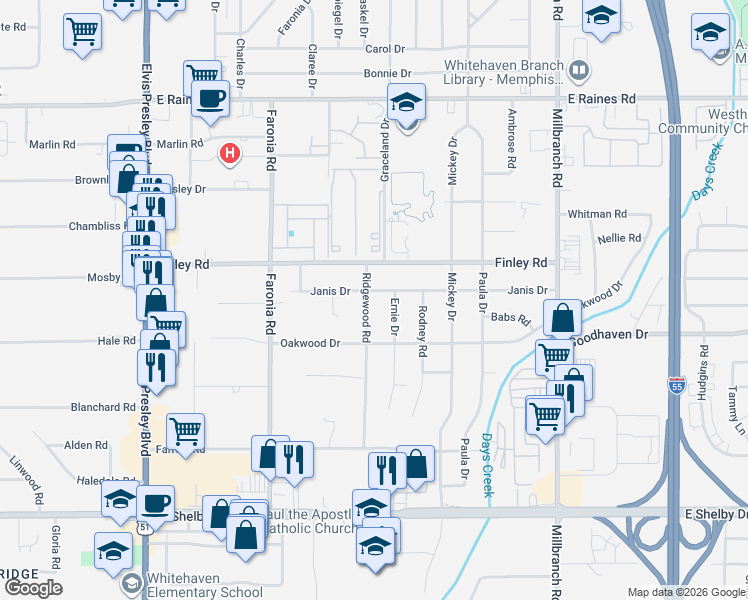 map of restaurants, bars, coffee shops, grocery stores, and more near 4425 Ernie Drive in Memphis