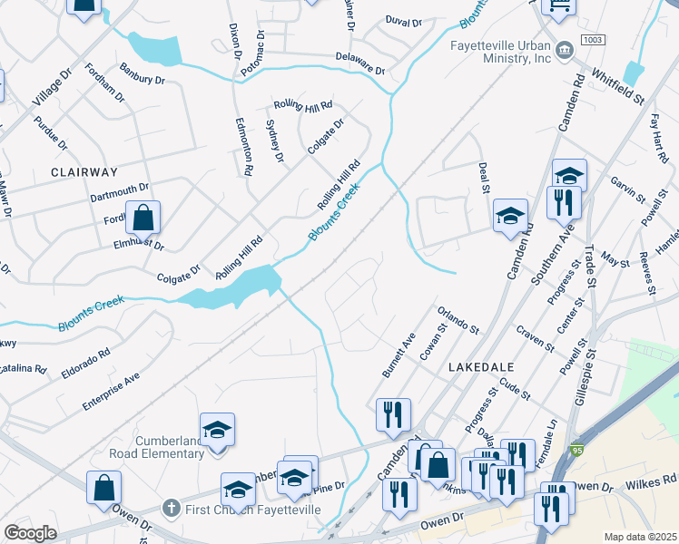 map of restaurants, bars, coffee shops, grocery stores, and more near 2165 Stonewash Drive in Fayetteville