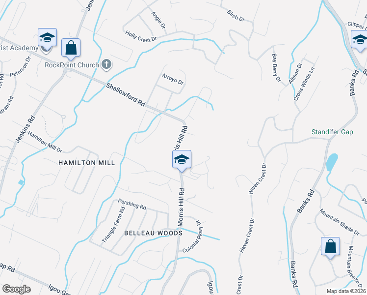 map of restaurants, bars, coffee shops, grocery stores, and more near 2214 Morris Hill Road in Chattanooga