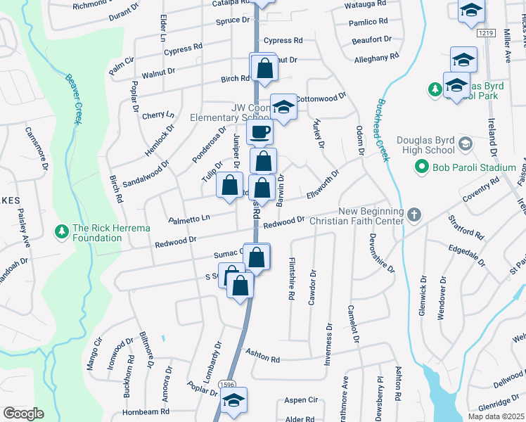 map of restaurants, bars, coffee shops, grocery stores, and more near 1111 Hope Mills Road in Fayetteville