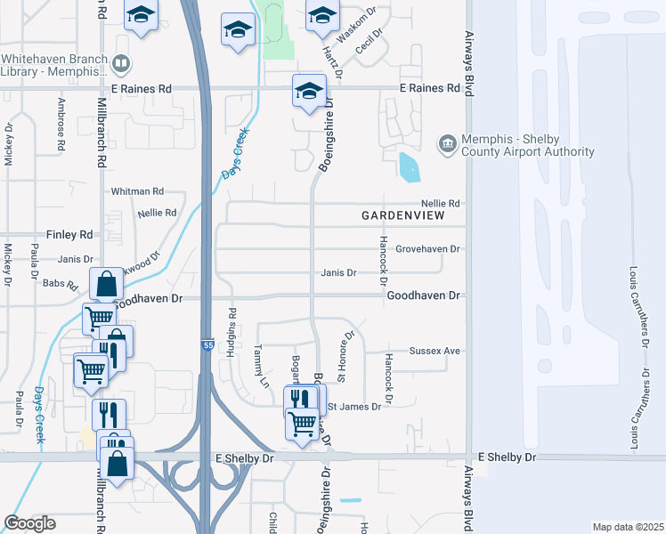 map of restaurants, bars, coffee shops, grocery stores, and more near 2024 Janis Drive in Memphis