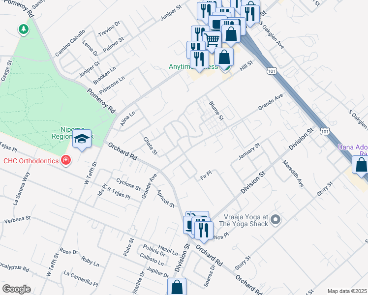 map of restaurants, bars, coffee shops, grocery stores, and more near 295 Black Hawk Way in Nipomo