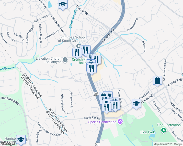 map of restaurants, bars, coffee shops, grocery stores, and more near 16131 Lancaster Highway in Charlotte