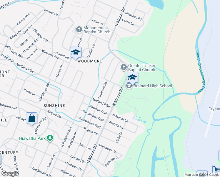 map of restaurants, bars, coffee shops, grocery stores, and more near 1017 North Larchmont Drive in Chattanooga