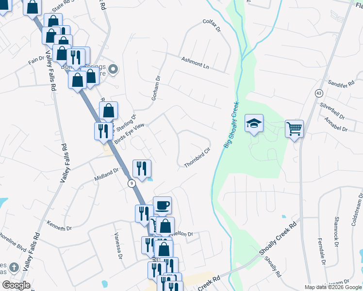 map of restaurants, bars, coffee shops, grocery stores, and more near 126 Condor Place in Boiling Springs