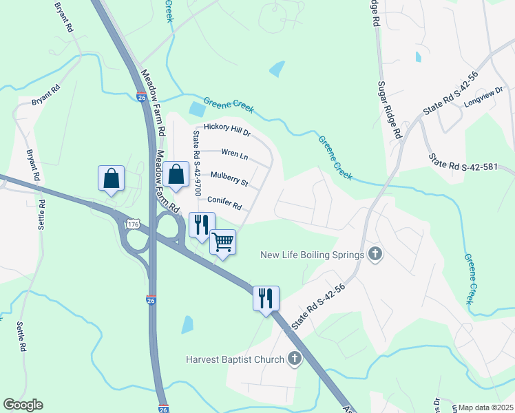 map of restaurants, bars, coffee shops, grocery stores, and more near 108 Hickory Hill Drive in Inman