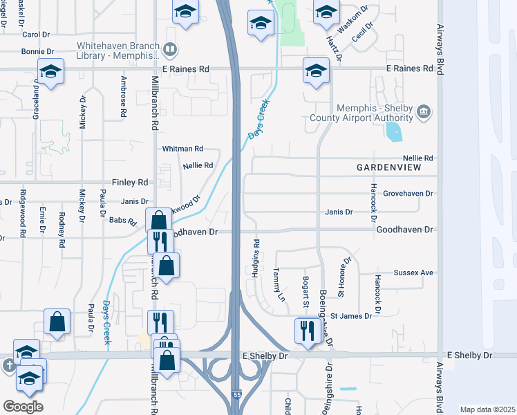 map of restaurants, bars, coffee shops, grocery stores, and more near 1882 Janis Drive in Memphis