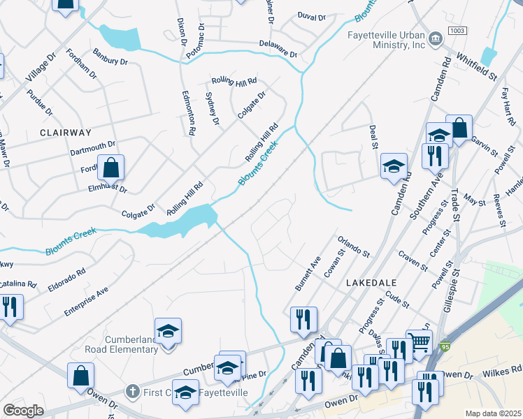 map of restaurants, bars, coffee shops, grocery stores, and more near 2165 Stonewash Drive in Fayetteville