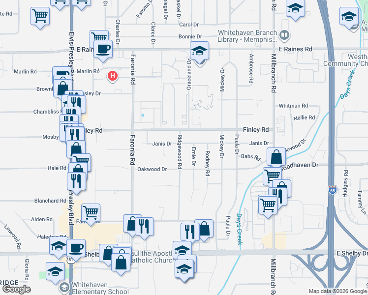 map of restaurants, bars, coffee shops, grocery stores, and more near 4425 Ernie Drive in Memphis