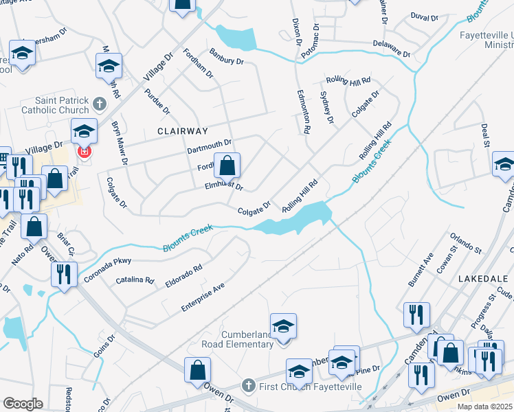 map of restaurants, bars, coffee shops, grocery stores, and more near 2416 Colgate Drive in Fayetteville