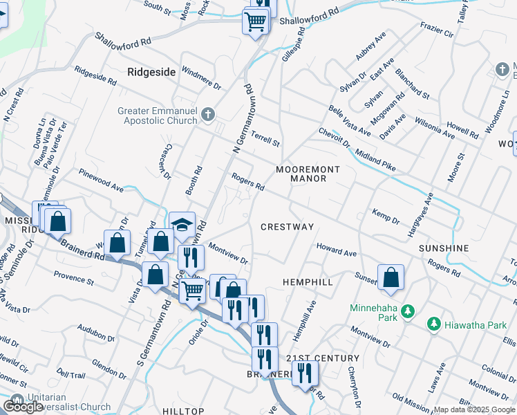 map of restaurants, bars, coffee shops, grocery stores, and more near 402 Gillespie Road in Chattanooga