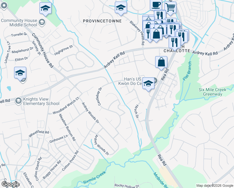 map of restaurants, bars, coffee shops, grocery stores, and more near 8610 Walsham Drive in Charlotte