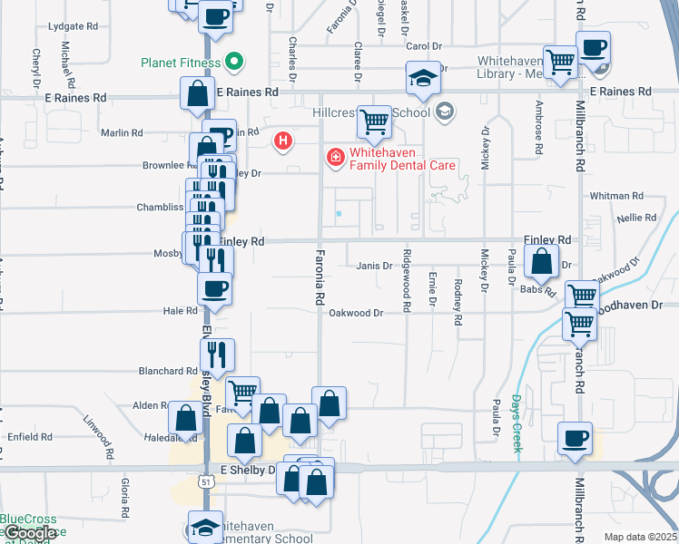map of restaurants, bars, coffee shops, grocery stores, and more near 4414 Faronia Road in Memphis