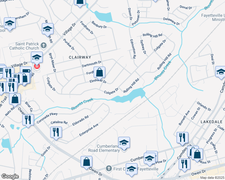 map of restaurants, bars, coffee shops, grocery stores, and more near 2416 Colgate Drive in Fayetteville