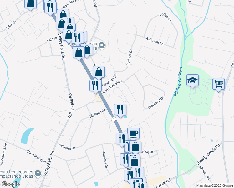 map of restaurants, bars, coffee shops, grocery stores, and more near 97 Mills Gap Road in Boiling Springs