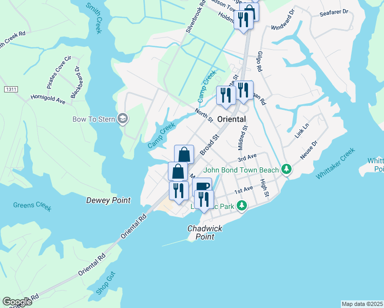 map of restaurants, bars, coffee shops, grocery stores, and more near 511 Broad Street in Oriental