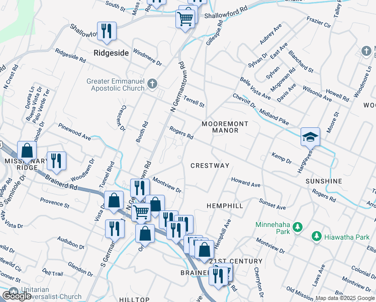 map of restaurants, bars, coffee shops, grocery stores, and more near 402 Gillespie Road in Chattanooga
