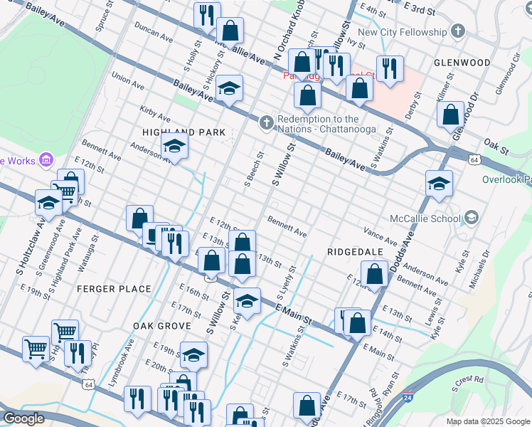 map of restaurants, bars, coffee shops, grocery stores, and more near 2104 Bennett Avenue in Chattanooga