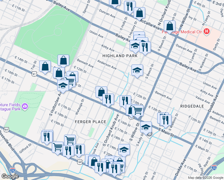 map of restaurants, bars, coffee shops, grocery stores, and more near 1712 East 13th Street in Chattanooga