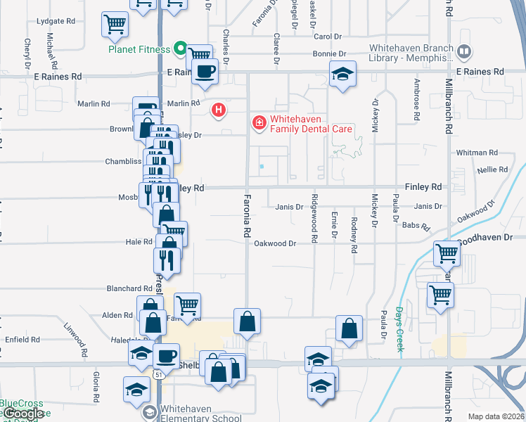 map of restaurants, bars, coffee shops, grocery stores, and more near 4414 Faronia Road in Memphis