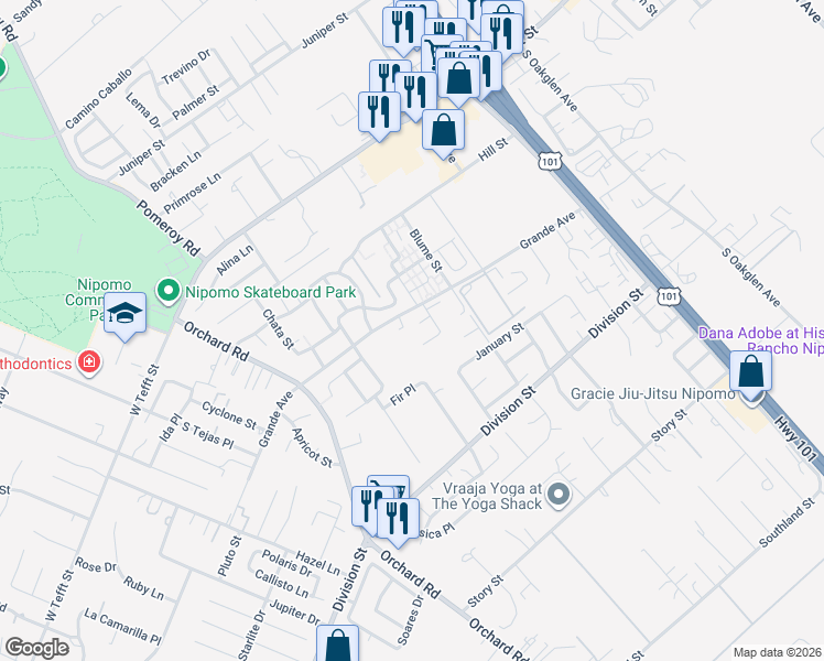 map of restaurants, bars, coffee shops, grocery stores, and more near 380 Melanie Lane in Nipomo