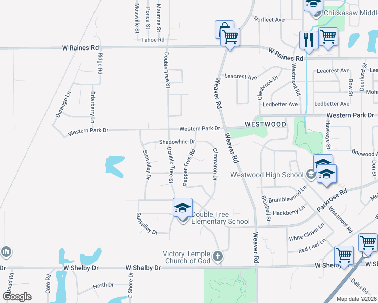 map of restaurants, bars, coffee shops, grocery stores, and more near 4414 Pepper Tree Road in Memphis
