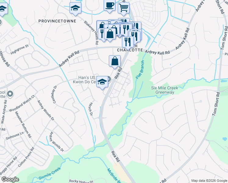 map of restaurants, bars, coffee shops, grocery stores, and more near 10417 Mahonia Street in Charlotte