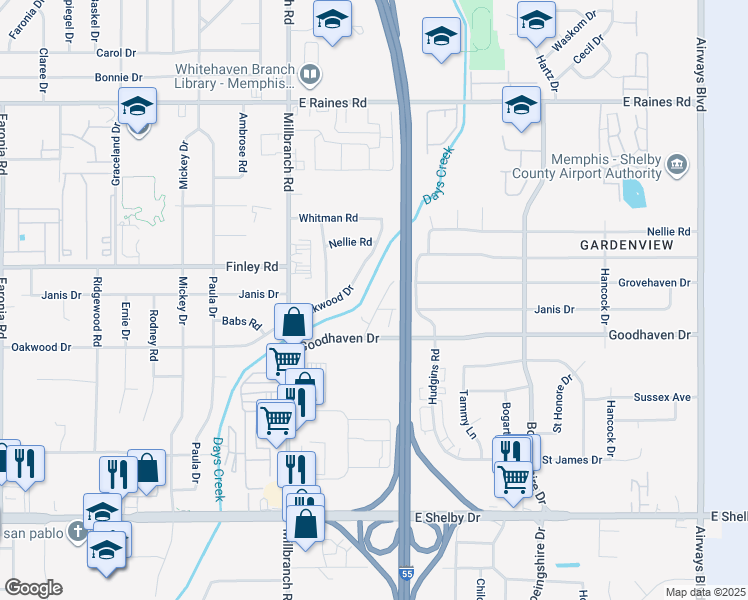 map of restaurants, bars, coffee shops, grocery stores, and more near 1808 Grovehaven Circle in Memphis