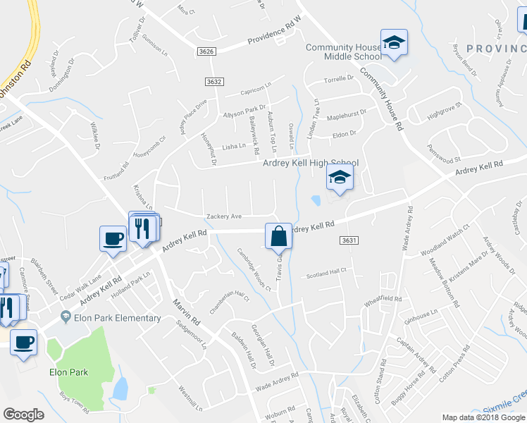 map of restaurants, bars, coffee shops, grocery stores, and more near 9910 Zackery Avenue in Charlotte