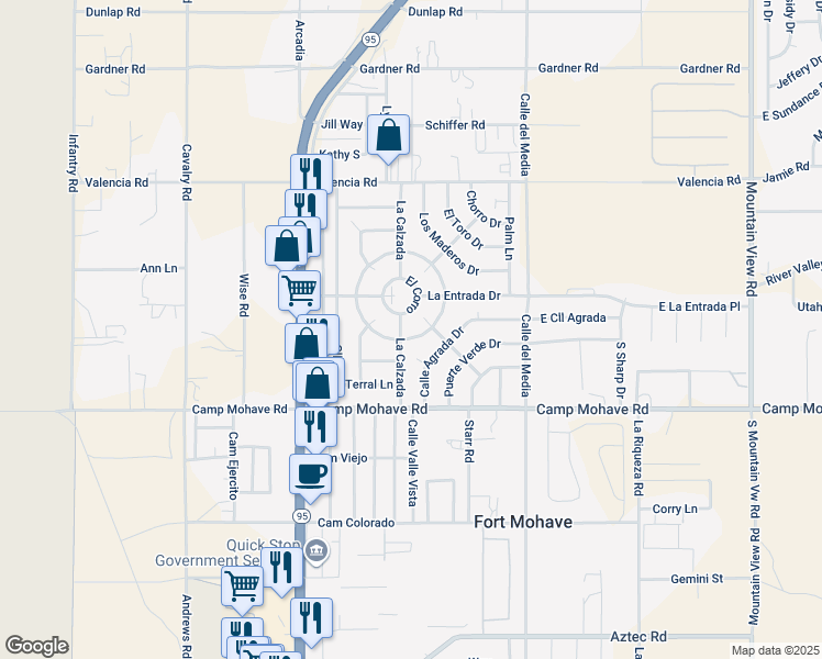 map of restaurants, bars, coffee shops, grocery stores, and more near 1627 Gran Circulo in Fort Mohave