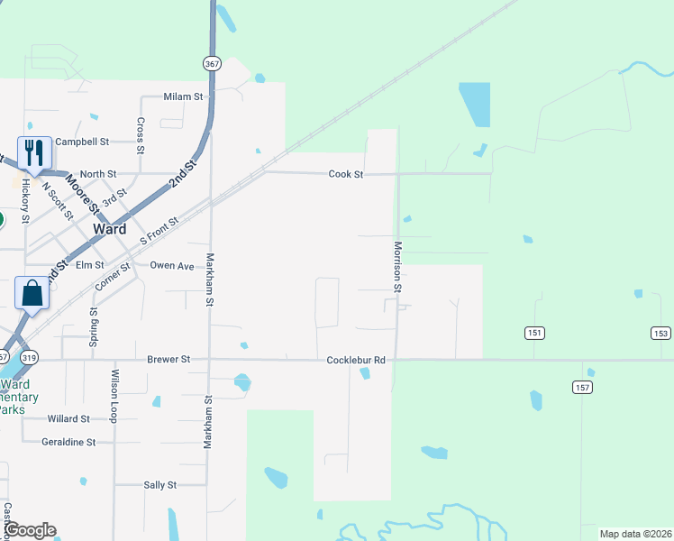 map of restaurants, bars, coffee shops, grocery stores, and more near 51 Bud Grimes Road in Ward
