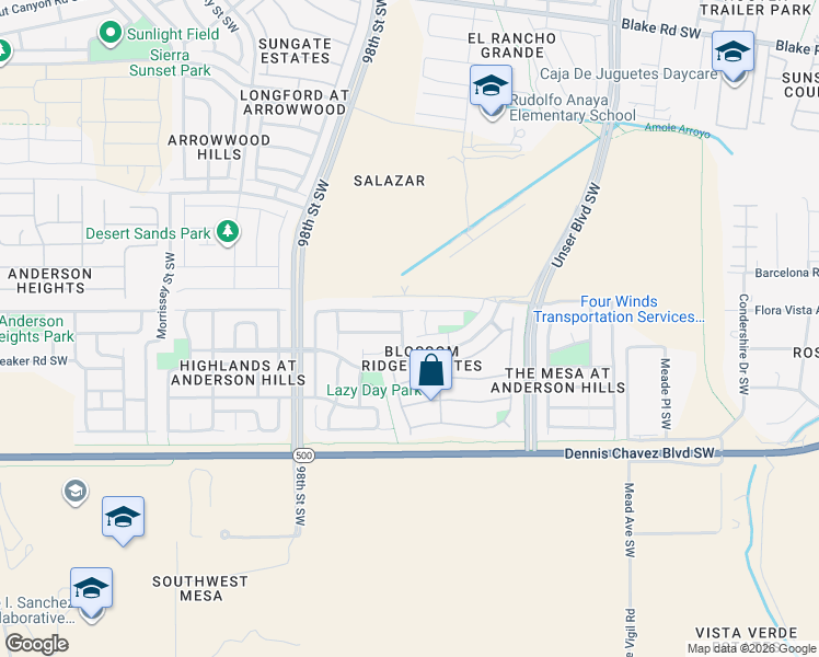 map of restaurants, bars, coffee shops, grocery stores, and more near 9120 Sandy Spring Avenue Southwest in Albuquerque