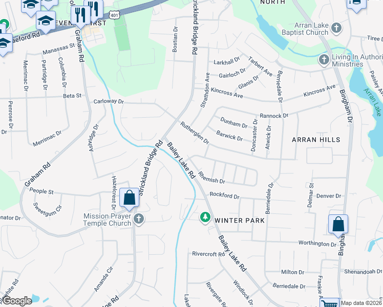 map of restaurants, bars, coffee shops, grocery stores, and more near 6560 Rhemish Drive in Fayetteville