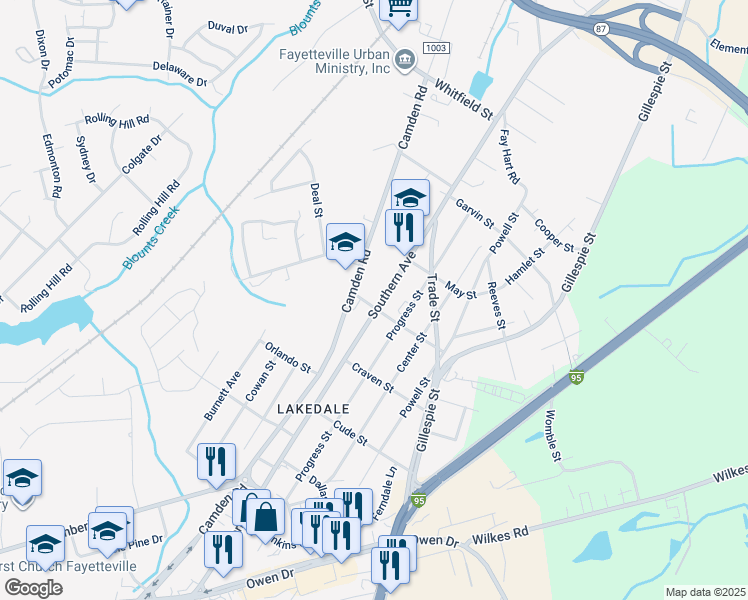 map of restaurants, bars, coffee shops, grocery stores, and more near 1192 Southern Avenue in Fayetteville