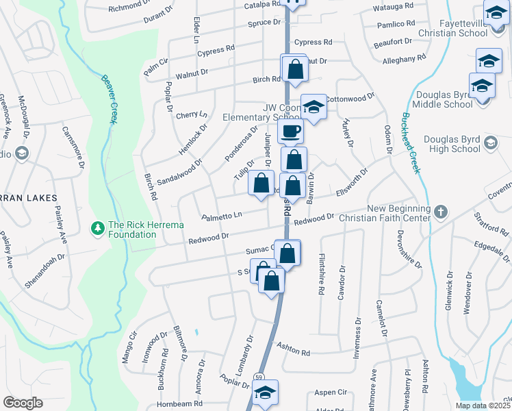 map of restaurants, bars, coffee shops, grocery stores, and more near 5104 Palmetto Lane in Fayetteville