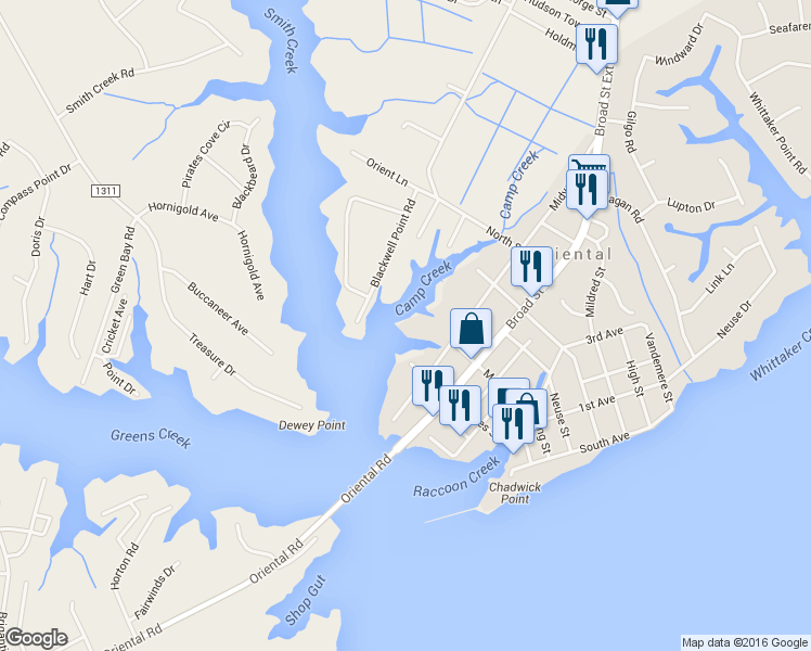 map of restaurants, bars, coffee shops, grocery stores, and more near 105 Midyette Street in Oriental