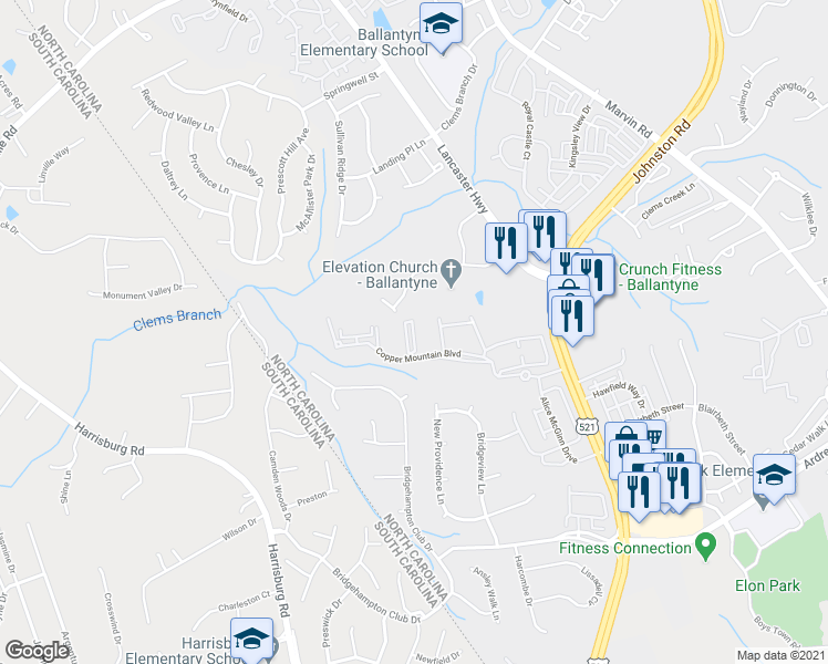 map of restaurants, bars, coffee shops, grocery stores, and more near 17143 Red Feather Drive in Charlotte