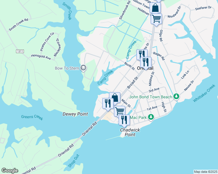 map of restaurants, bars, coffee shops, grocery stores, and more near 503 Midyette Street in Oriental