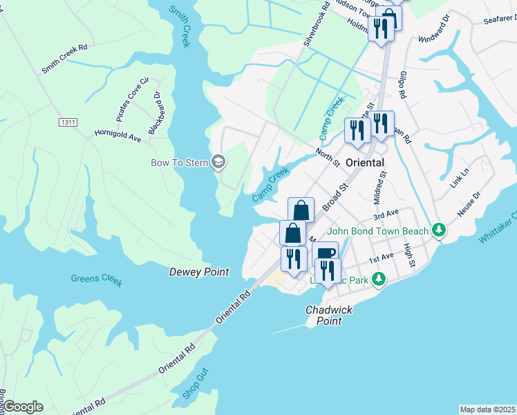 map of restaurants, bars, coffee shops, grocery stores, and more near 105 Midyette Street in Oriental