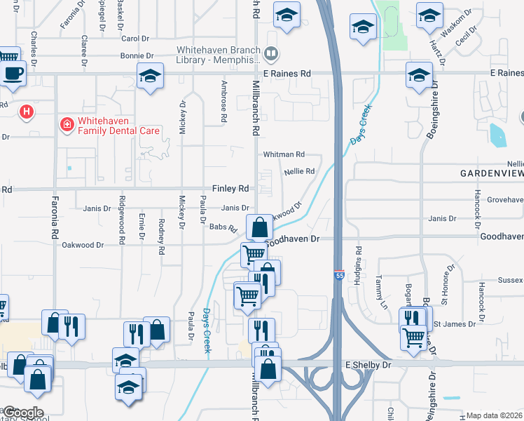 map of restaurants, bars, coffee shops, grocery stores, and more near in Memphis
