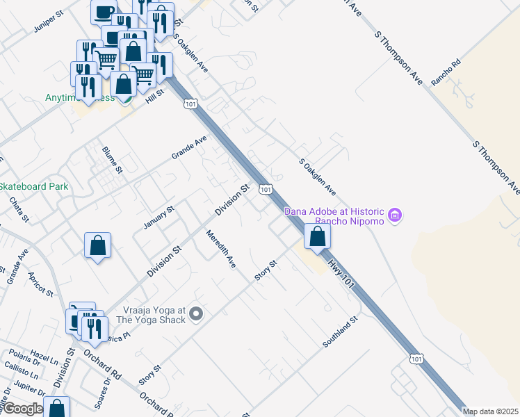 map of restaurants, bars, coffee shops, grocery stores, and more near 549 Margie Place in Nipomo