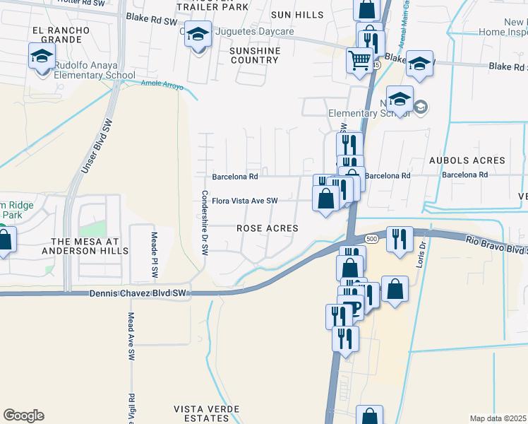 map of restaurants, bars, coffee shops, grocery stores, and more near 3213 Delforado Drive Southwest in Albuquerque